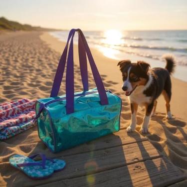 Imagem de Bolsa Transparente PVC para Piscina Natação Balé Academia Escola – Resistente e Impermeável (Azul com Roxo)