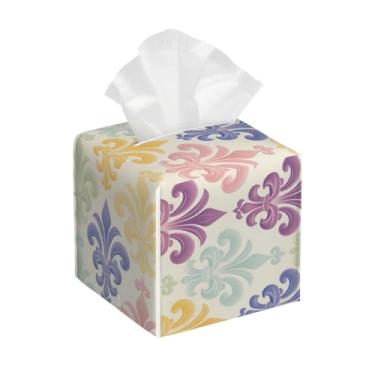 Imagem de Suporte quadrado de couro para caixa de lenços de papel, impermeável, étnico, colorido, paisley, organizador de papel facial com cinto inferior, estojo de lenços para mesa, banheiro, escritório, mesa