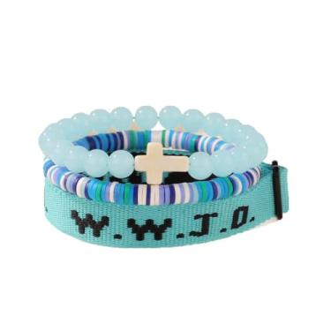 Imagem de COLORFUL BLING Pulseira cristã WWJD conjunto de pulseiras para homens mulheres ajustável argila Heishi disco de vinil contas de pedra natural pulseira elástica fé religiosa batismo confirmação joias
