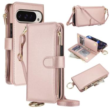 Imagem de Capa carteira para Google Pixel 9 [bloqueio RFID] [bolso com zíper] [suporte para cartão] capa protetora flip de couro PU com corda transversal/pulso/anel capa de telefone masculina e feminina (ouro