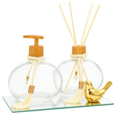 Imagem de Kit Lavabo Vidro 300ml Luxo C/Bandeja Porta Sabonete Difusor e Enfeite Decoração- Decoração Banheiro Elegante e Cristalino (Amadeirado c/Passarinho)