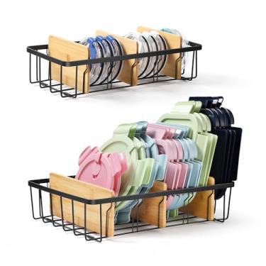 Imagem de CACHOLIV Pacote com 2 organizadores de tampa ajustáveis - Organizador grande de armário de cozinha para recipiente de armazenamento de alimentos e tampas de copo com 6 divisórias de bambu