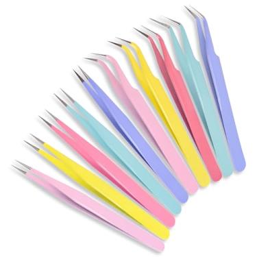 Imagem de KAZIPOP Pinça adesiva, de aço inoxidável, com ponta reta e curvada, com capa protetora para extensões de cílios, arte de unhas, strass, artesanato, faça você mesmo, fabricação de joias (conjunto)