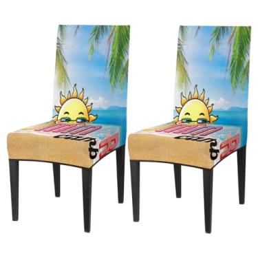 Imagem de hongjinglin Conjunto de 2 capas elásticas para cadeira de sala de jantar, sol, verão, praia, lavável, para cozinha, casa, hotel, banquete, festa de casamento, cerimônia