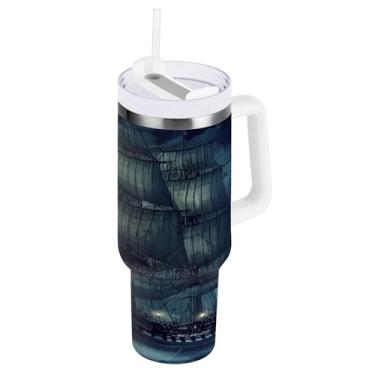 Imagem de Blueangle Copo isolado de 1,134 g com alça e tampa de canudo - Caneca de viagem de aço inoxidável à prova de vazamento, garrafa de água de navio pirata a vácuo de parede dupla (851)