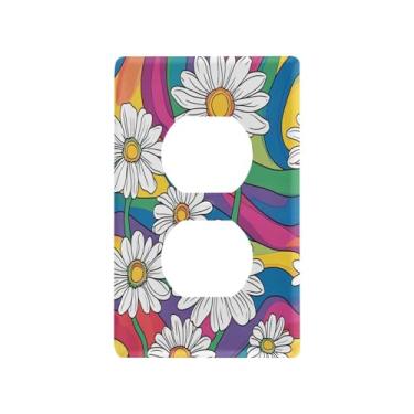 Imagem de Blueangle Placa de parede de tomada dupla margarida branca, tamanho padrão, placas de cobertura de tomada elétrica de 1 gangue para decoração de quarto de escritório em casa, 4,53 x 2,76 polegadas