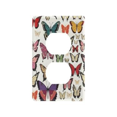 Imagem de Blueangle Placa de parede de tomada dupla de borboletas coloridas, tamanho padrão, placas de cobertura de tomada elétrica de 1 gangue para decoração de quarto de escritório em casa, 4,53 x 2,76