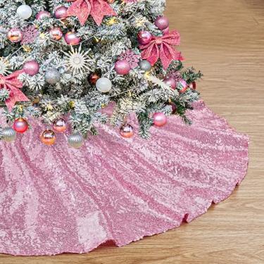 Imagem de Saia para árvore de Natal rosa, 91 cm, tecido de lantejoulas, com glitter, tapete de árvore de Natal, sereia, lápis, para ambientes internos e externos, ornamentos de Natal para decoração de árvore de