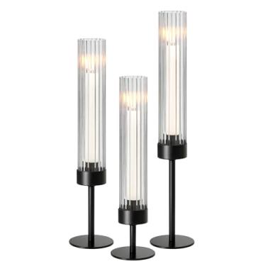 Imagem de Conjunto de 3 castiçais cônicos de metal e acrílico com design canelado - candelabro cilíndrico transparente para casamento, Natal, festa, mesa de jantar decoração de centro de mesa (preto, conjunto