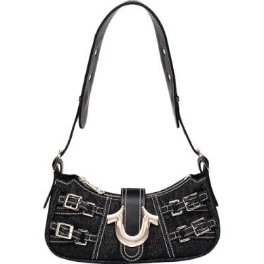 Imagem de True Religion Bolsa de ombro jeans, bolsa diária com alça ajustável, zíper e fecho magnético, preta