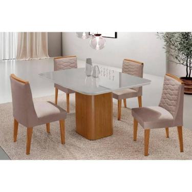 Imagem de Sala Jantar Mesa Maldivas Tampo c/ Vidro Curvo 90cm+4 Cadeiras Maldivas Madeira Naturale/Off White - Capuccino/Linho Capuccino - Rufato