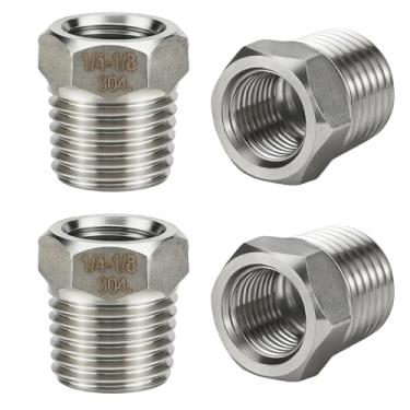 Imagem de Jingzan Pacote com 4 buchas sextavadas redutoras de aço inoxidável 304 macho NPT × 1/8 fêmea NPT adaptador de encaixe de tubo com fita de vedação