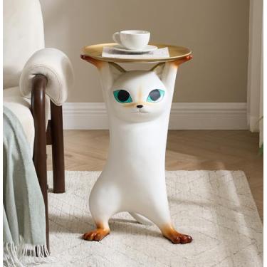 Imagem de Mesa lateral de gato branco com bandeja dourada – Decoração de escultura 3D para amantes de gatos, linda estátua de animal de resina para sala de estar, quarto, sala de estudo, decoração de casa