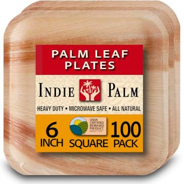 Imagem de Pratos descartáveis de folha de palmeira de 15 cm - Pacote com 100 pratos de festa ecológicos quadrados - Compostáveis, fortes, seguros para micro-ondas, semelhantes a bambu