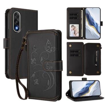 Imagem de Capa carteira para OnePlus Nord 5 5G com porta-cartão, bolso com zíper e alça longa - capa fólio de couro com fecho magnético, suporte, capa feminina anti-impressão digital (preto)