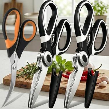 Imagem de Tesoura de cozinha multiuso – Pacote com 3 tesouras de cozinha resistentes de aço inoxidável para cortar carne, peixe, aves, legumes, preparação de alimentos, conjunto de tesouras de cozinha afiadas