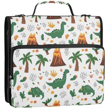 Imagem de Organizador de fichário com zíper para documentos, 3 anéis, dinossauros fofos, vários bolsos, pasta grande para fichários escolares com alça de ombro, 34,5 x 31,5 x 9 cm