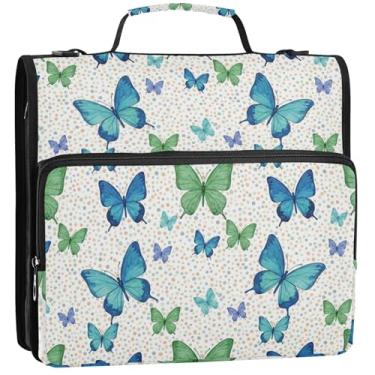 Imagem de Organizador de fichário com zíper, borboletas, azul, verde-petróleo, 3 cm, 3 anéis, bolsa para fichários escolares engraçados, resistente, com alça de ombro, portfólio e estojo para pasta de anel