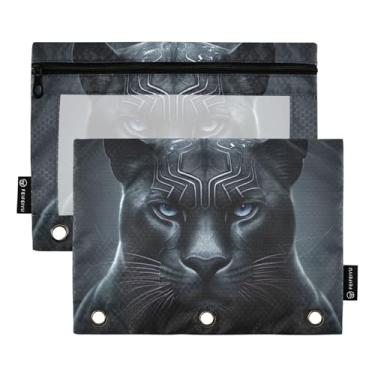 Imagem de GAIGEO Estojo de lápis colorido com 3 anéis, preto fixe, leopardo, animal, caneta, lápis, fichário com zíper, bolsos escolares transparentes, tecido 25 x 18 cm, 2 pacotes