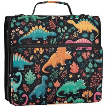 Imagem de Fichários fofos coloridos de dinossauros pretos com 3 anéis de 3,5 cm D com zíper bolsa organizadora de fichários escolares com alça de ombro, pasta de armazenamento rosa com alça, 34,5 x 31,5 x 9 cm