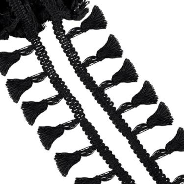 Imagem de Frinnovan, Acabamento de franja de borla preta de 16,4 metros, fita de acabamento de borlas de 3,5 cm, tecido de renda de algodão, tecido de renda trançada, artesanato para cortina, vestido, roupas