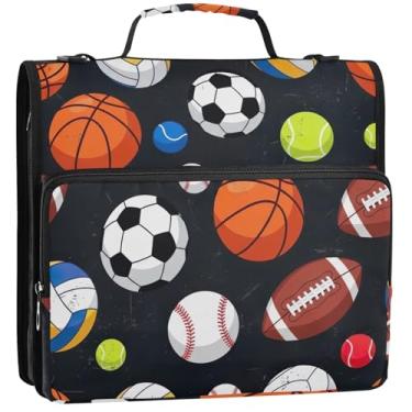 Imagem de Fichários fofos de 3,8 cm, 3 anéis, bolas esportivas de basquete, fichário com zíper, pasta de armazenamento com alça, bolsa escolar com alça de ombro, 34,5 x 31,5 x 9 cm