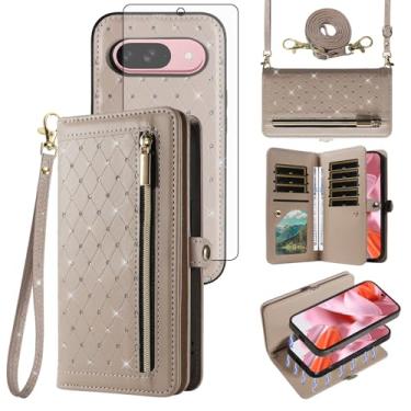 Imagem de Asuwish Capa de celular para Google Pixel 9/9 Pro 5G carteira com zíper destacável protetor de tela de vidro temperado alça transversal flip bling titular cartão de crédito Pixel9 9Pro nove mulheres