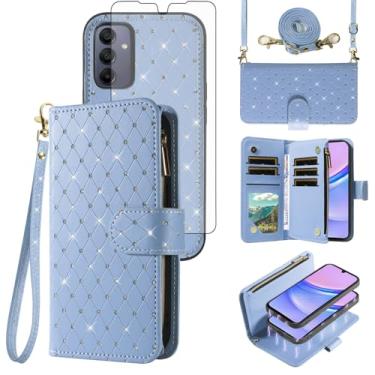 Imagem de Asuwish Compatível com Samsung Galaxy A15 5G/4G capa carteira com zíper celular protetor de tela de vidro temperado alça transversal alça flip glitter porta-cartões capa de telefone para mulheres A 15