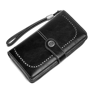 Imagem de Carteira feminina de couro de grande capacidade dobrável com bloqueio de RFID com bolso para moedas com zíper, Preto, Clássicos