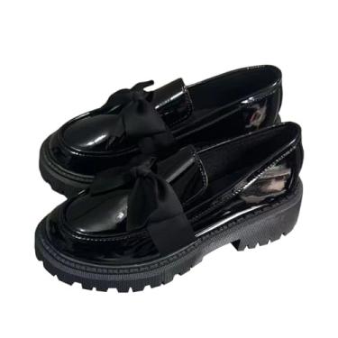 Imagem de Sapatos elegantes casuais versáteis estilo britânico um pé chute salto grosso confortável laço redondo tamanho grande salto grosso pequeno sapatos de couro, Preto, 38