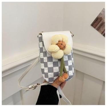 Imagem de Bolsa tiracolo feminina quadriculada floral, bolsa de ombro pequena estilo INS com fecho de zíper para passeios diários, Branco
