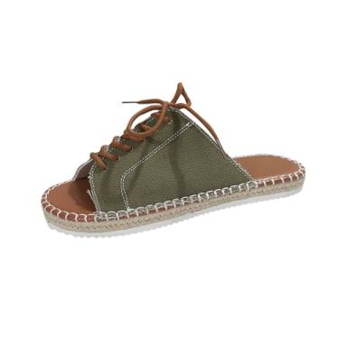 Imagem de Pantufas femininas casuais de bico redondo com design de alça romana boêmia para casa e praia, Verde militar, 35