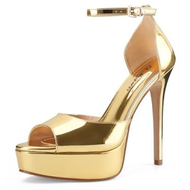 Imagem de Oh Mispares Sandália feminina stiletto salto alto plataforma peep toe tira no tornozelo confortável salto moderno sexy dourado vestido de salto alto para casamento festa noite formatura, Dourado, 35