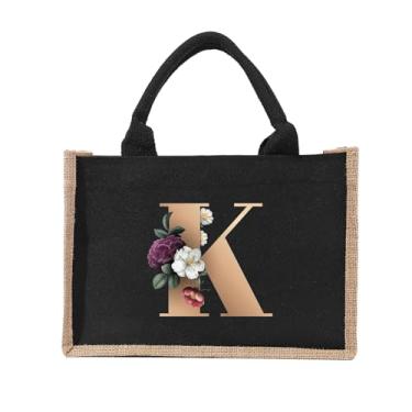 Imagem de Sacola de juta com inicial personalizada e bolsa de maquiagem, bolsa de praia, presentes de aniversário com monograma para mulheres, irmã mãe, dama de honra, Preto