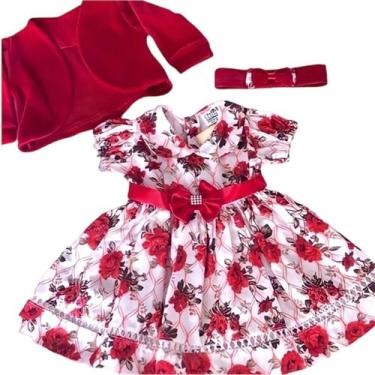 Imagem de Vestido de Bebê menina infantil 3 peças com bolero e tiara 100% algodã