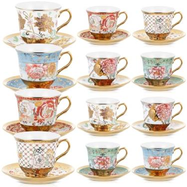 Imagem de Teenyyou Conjunto de 12 xícaras de chá e pires, decorações de festa de chá de porcelana floral, presente britânico de 210 ml, para mulheres, festa de aniversário, igreja e dia das mães (estilo
