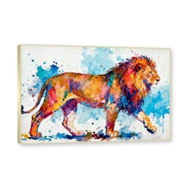 Imagem de NHLDZYH Moldura dourada. Pintura salpicada de leão pintura em tela abstrata arte animal mural vívido chama a atenção para sala de estar decoração moderna para casa. A40. 80 x 120 cm.