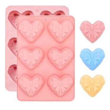 Imagem de 2 moldes de silicone em forma de coração com laços, moldes antiaderentes para chocolate, doces, gomas, cubos de gelo, sabão, mousse e velas