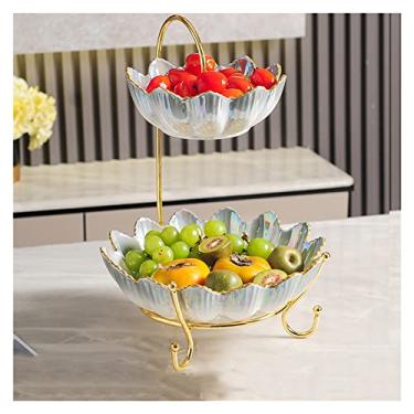 Imagem de 5sssallefaa Tigela de frutas de 2 camadas, prato de cerâmica leve de luxo, suporte de exibição de frutas secas, bandeja de armazenamento de doces para decoração de sala de estar em casa ornamento