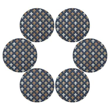 Imagem de Wassud Jogo americano conjunto de 6 tapetes de mesa redondos mardi Gras marrons para cozinha e jantar tapetes laváveis resistentes ao calor decoração de mesa 39 cm