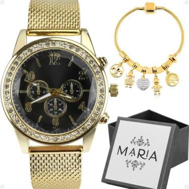 Imagem de relogio feminino dourado prova dagua + pulseira redondo delicado moda 