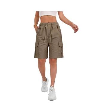 Imagem de Bermuda Cargo Feminina Comprimento Até O Joelho 6 Bolsos Cintura Elást