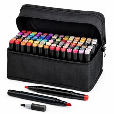 Imagem de Kit Caneta Hidrográfica Marcador Artístico 48 Cores Ponta Dupla para Desenhos Profissional e Escolar com Estojo Organizador