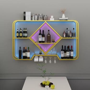 Imagem de Prateleira de exibição de garrafa de licor iluminada por LED - Rack de vinho com suporte de vidro para cozinha, sala de jantar, bar de casa, sala de estar - armazenamento de parede dourado elegante