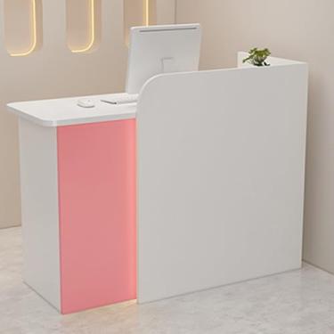 Imagem de Mesa de recepção moderna com gaveta trancável e ilhós de cabo, elegante balcão de varejo para simplicidade e segurança, balcão de caixa rosa para lojas de varejo, recepção de 120 cm para áreas de