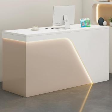 Imagem de Mesa de recepção moderna com gaveta trancável e grande armário de armazenamento - Balcão de caixa de varejo para escritório ou loja de varejo (branco, 100 x 55 x 90 cm)