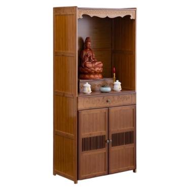 Imagem de Mesa de altar budista de bambu com armazenamento, armário de santuário chinês para meditação, suporte de 155 cm com porta de treliça para estátuas de Buda e decoração espiritual