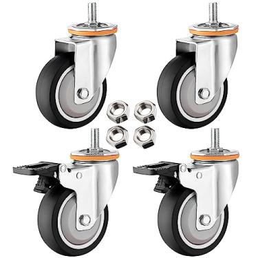 Imagem de Pacote com 4 rodas giratórias resistentes - M10 M12 rosqueadas, 6,3 cm 7,6 cm 10,2 cm 12,7 cm borracha TPR com freios de travamento duplo, perfeito para substituição de carrinho de móveis