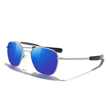 Imagem de MERRY'S Óculos de sol Classic Square Aviator II Military Polarizados para homens ou mulheres S8637, Armação cromada fosco/lente polarizada espelhada azul escuro, Lens Width: 55 Millimeters