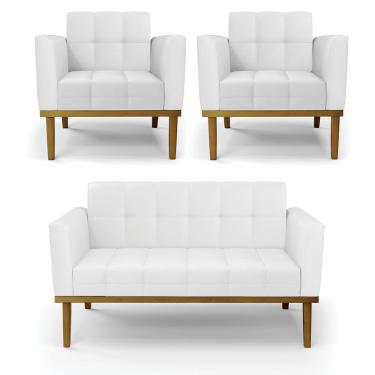 Imagem de Conjunto 2 Poltronas e 1 Namoradeira Decorativa Karen Pés Fixo em Madeira Castanho PU Branco G19 - Gran Belo
